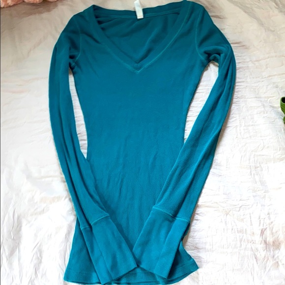 Lilu Tops - Lilu V-Neck Teal Color Ribbed Long Sleeve Top
